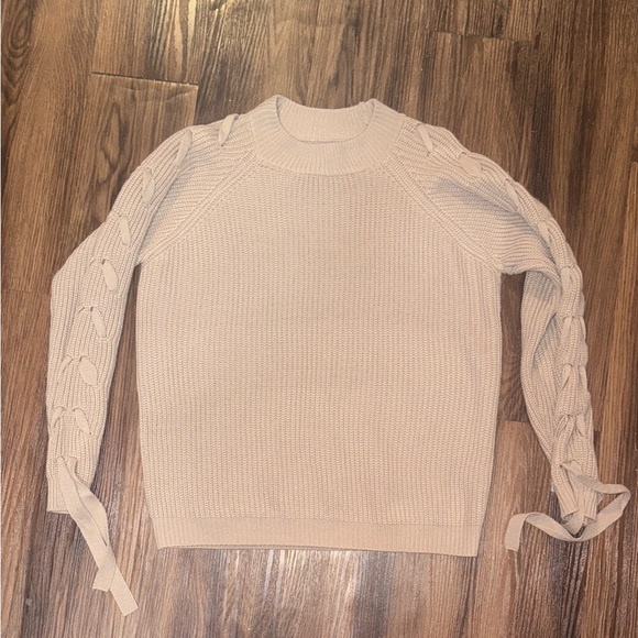SHEIN Sweaters - Taupe Knit Sweater with Lace-Up Sleeves